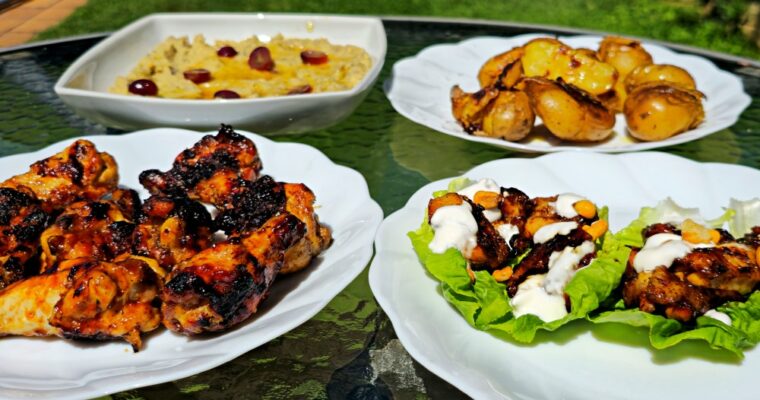 🔥 Parrillada Creativa: Alitas Deshuesadas con Yogur, Baba Ganoush a la Brasa y Patatas Crujientes al Fuego