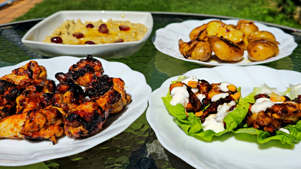 🔥 Parrillada Creativa: Alitas Deshuesadas con Yogur, Baba Ganoush a la Brasa y Patatas Crujientes al Fuego